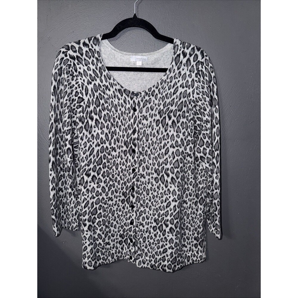 Amber Sun Womens Black Grey Leopard Button Front Cardigan Sweater Size L Silk